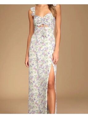 Lulu's White Maxi Dress with Lavender & Pink Floral Print Cut Out Size S